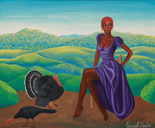 Woman In Purple Posing with Turkeys