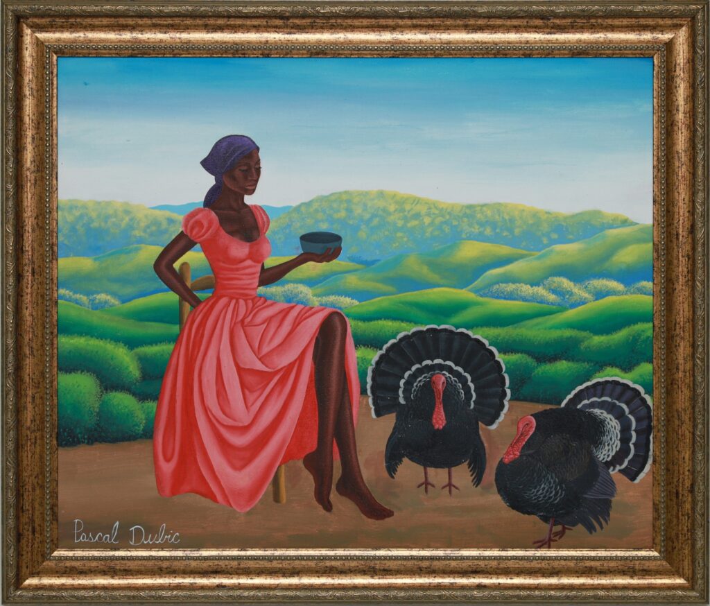 The Woman In Red Feeding (Two Turkeys) (Frame)