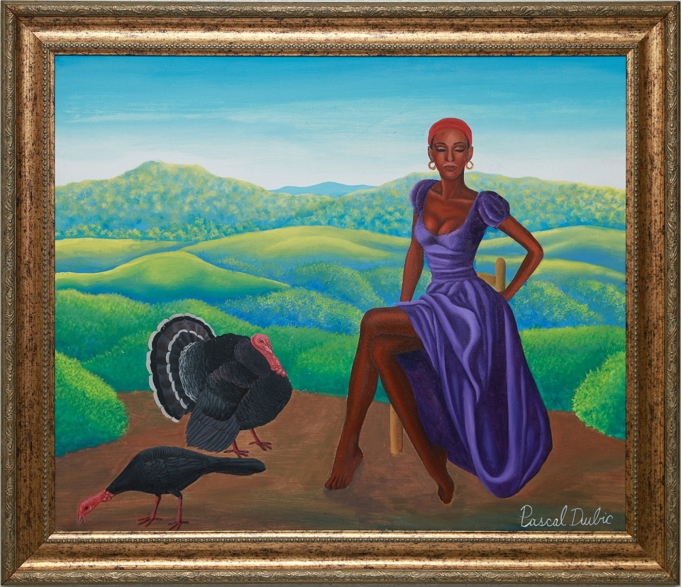 Woman In Purple Posing with Turkeys (Frame)